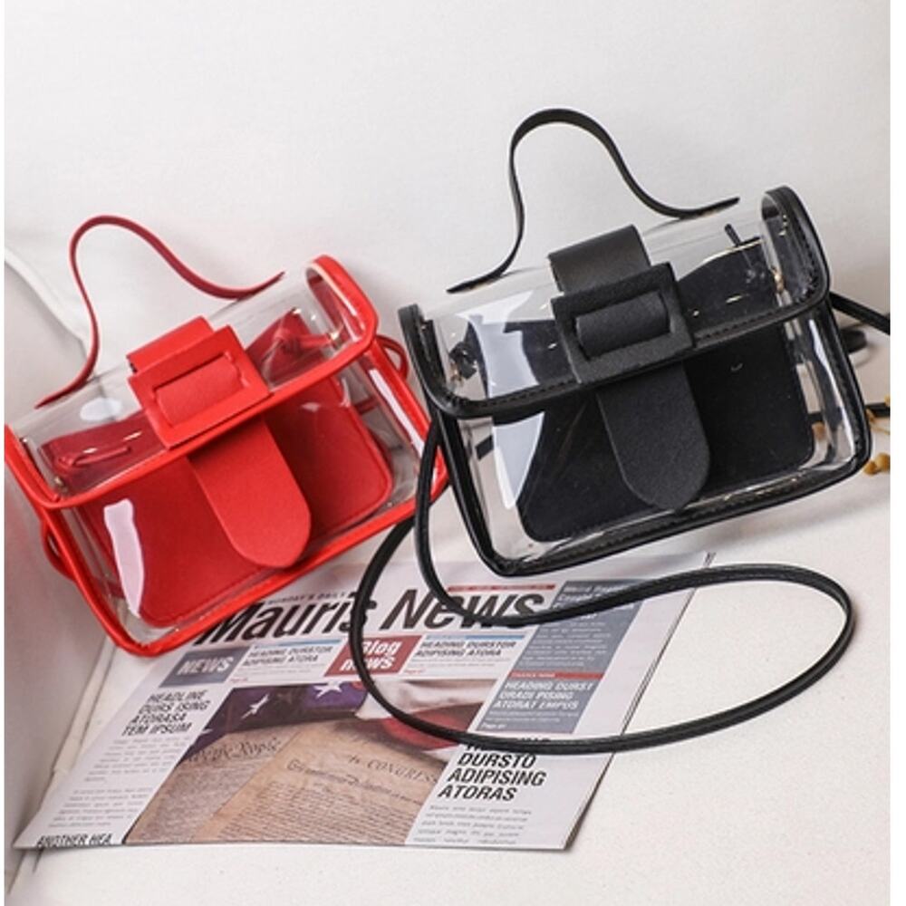 Mini Transparent Square Crossbody Bag with Inner Pouch Red Trim - Picture 2 of 7